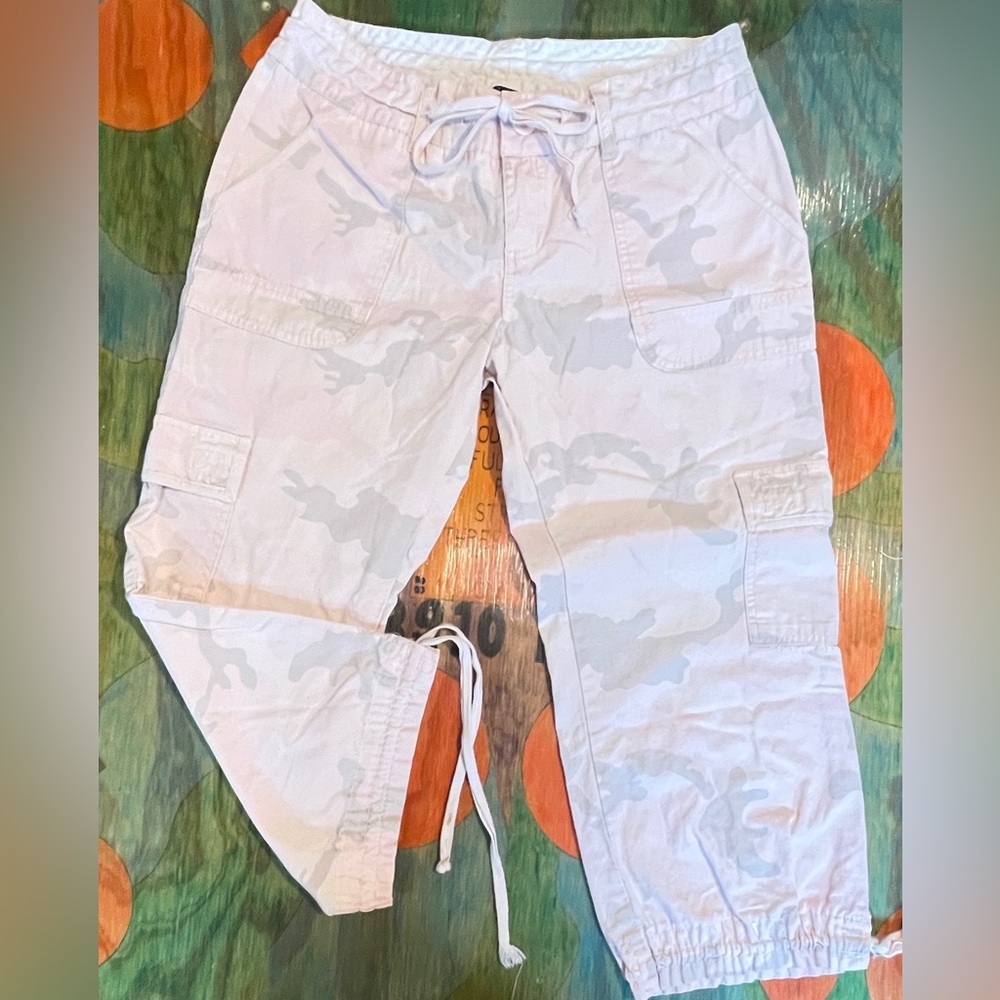 Y2K Fresh Wear Camo Cargo Pants Womens Size 11 Light Pink Pockets Drawstring